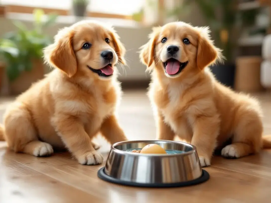 In a supervised puppy class setting, a group of playful young puppies are interacting with each other, showcasing their...