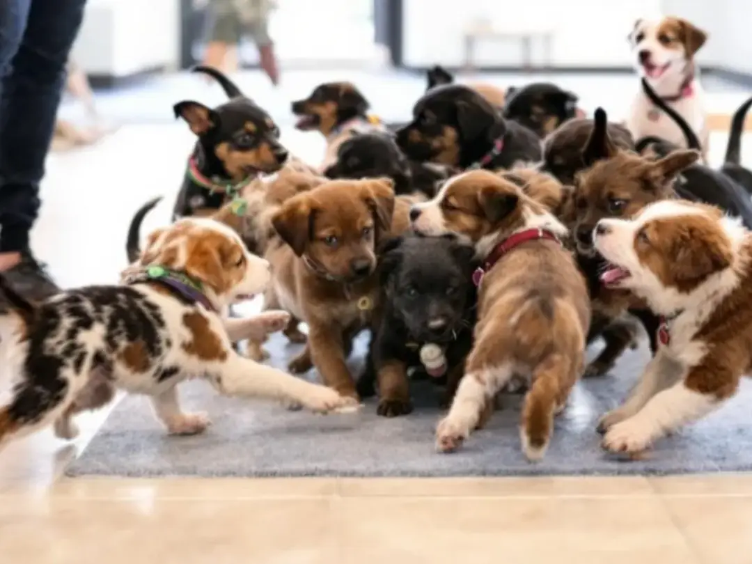 A playful young puppy is happily engaging with a colorful puzzle toy and rope toys on a grassy area, embodying the joy...