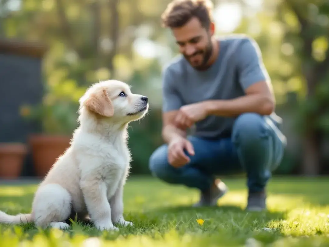 A young puppy sits beside its owner in a yard during a potty training session, showcasing the bonding experience of...