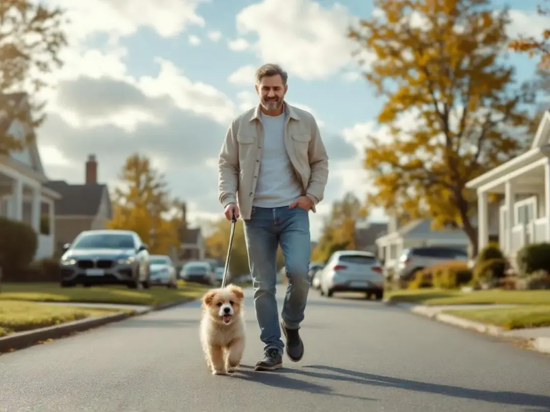 In a quiet neighborhood, an owner walks calmly with a young puppy on a loose leash, demonstrating positive...