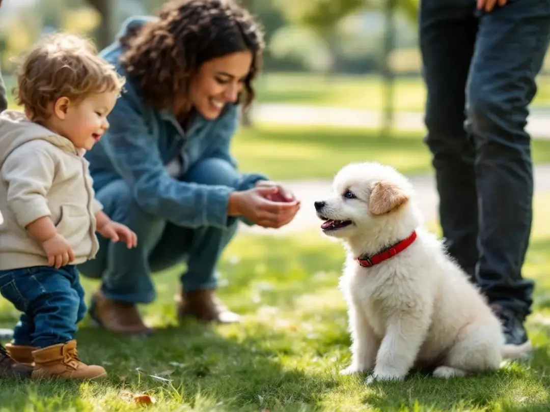 In a controlled outdoor setting, a playful puppy is joyfully meeting new people of various ages, engaging in...