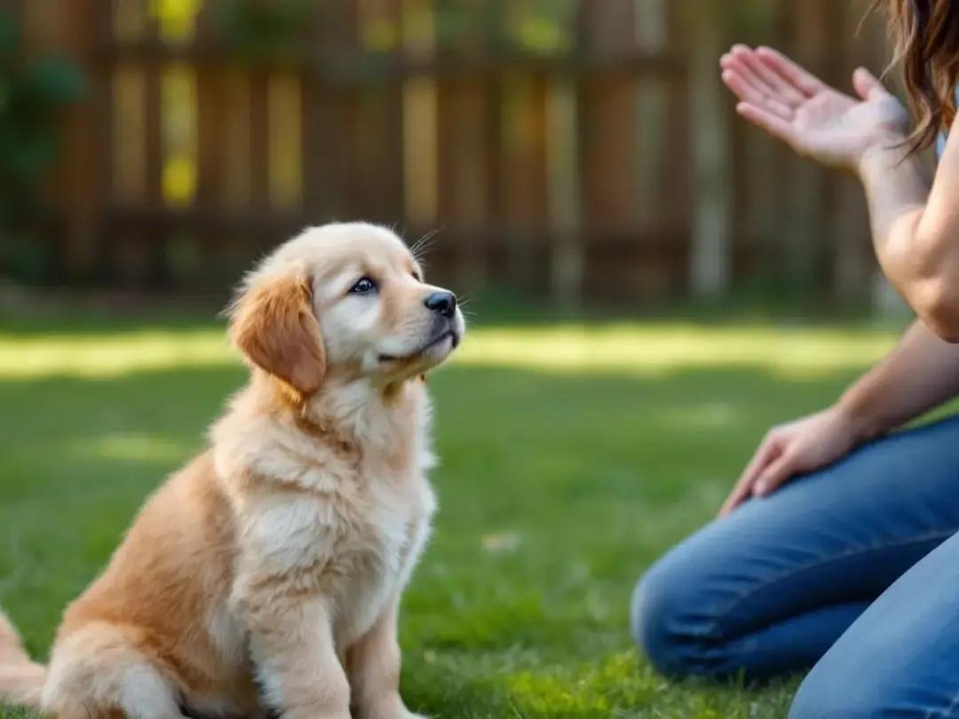 A young puppy is sitting on command, looking up at its owner, who is giving a clear hand signal as part of their puppy...