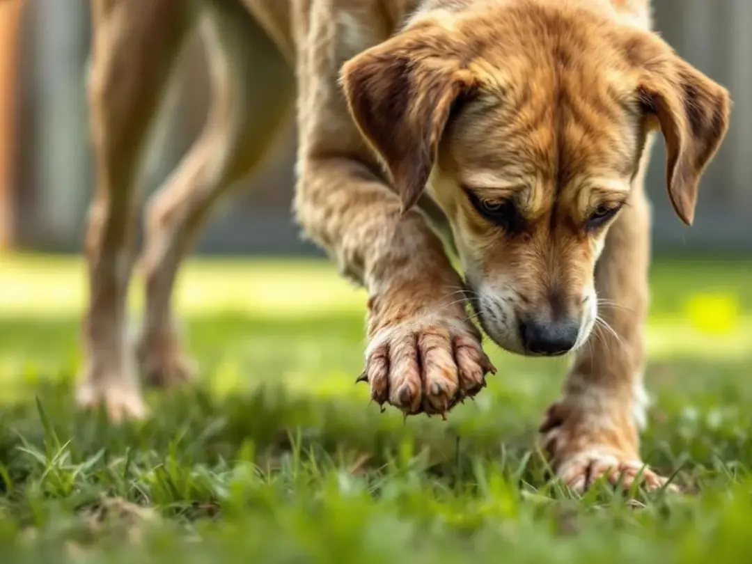 A dog is shown walking with a noticeable discomfort, highlighting the impact of paw pad hyperkeratosis on its mobility...