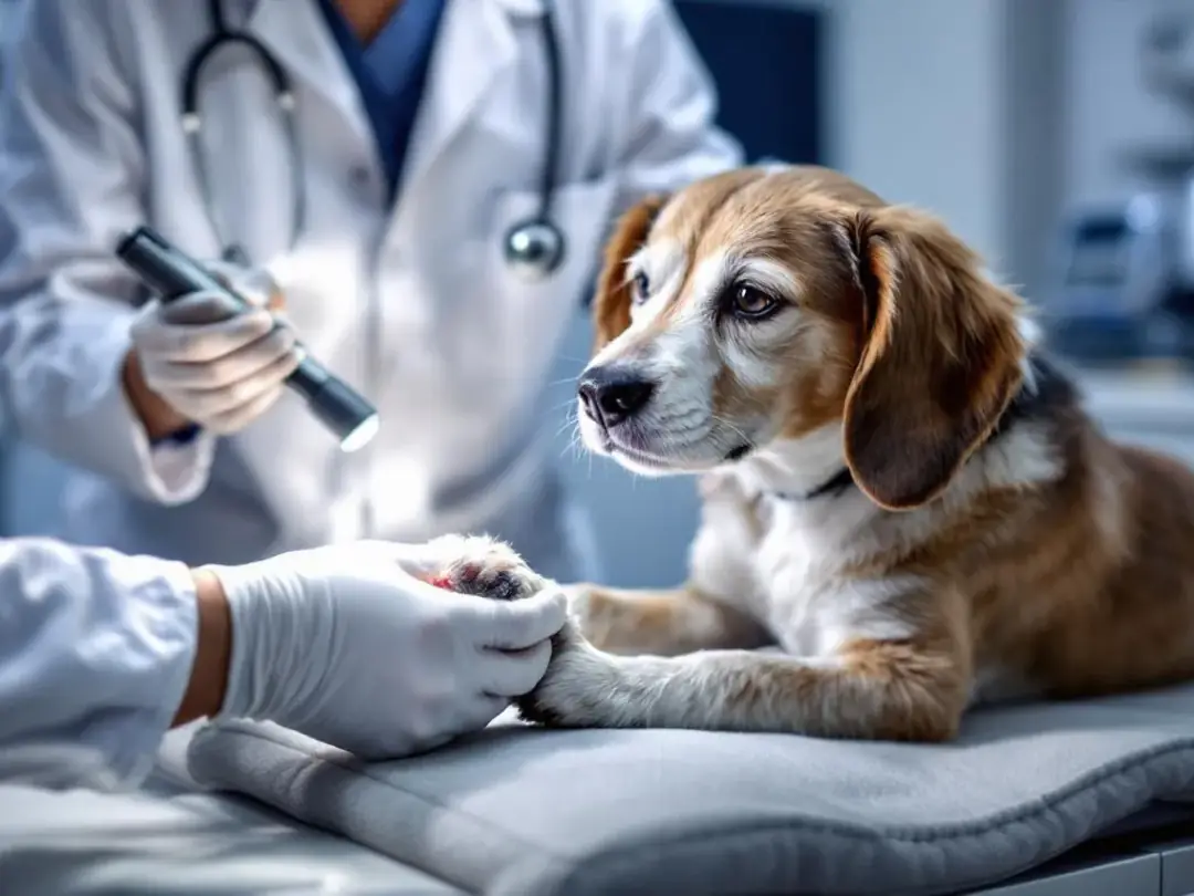 A veterinarian is examining a dog's paw pads during a diagnostic consultation, focusing on the affected areas that may...
