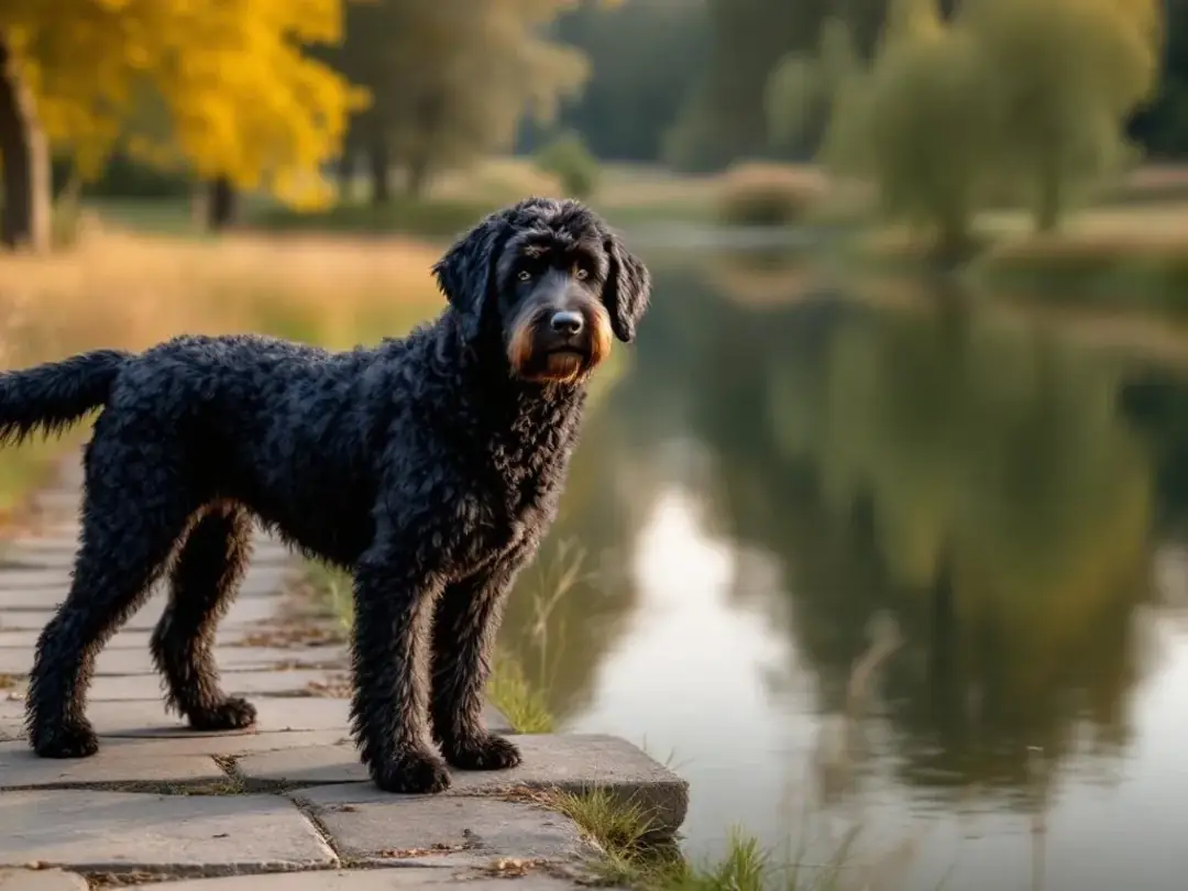 An elegant Portuguese Water Dog with a curly black coat stands gracefully near the water, showcasing its hypoallergenic...