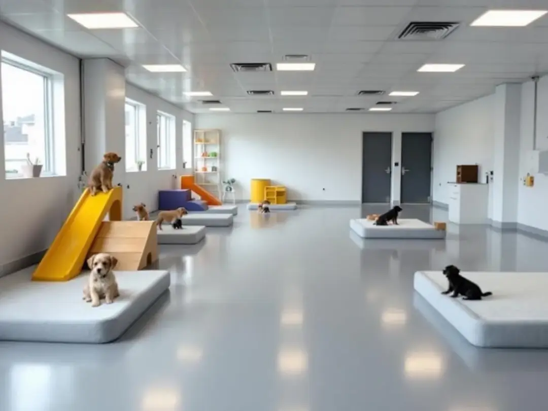 In a clean and spacious dog breeding facility, multiple play areas for puppies are visible, designed with proper...