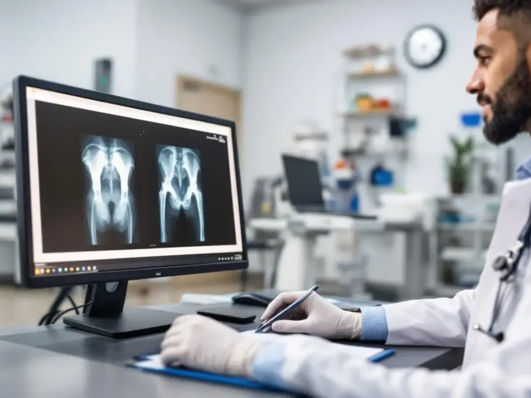 A veterinarian is focused on examining X-ray images of a dog's hip joints displayed on a computer screen, highlighting...