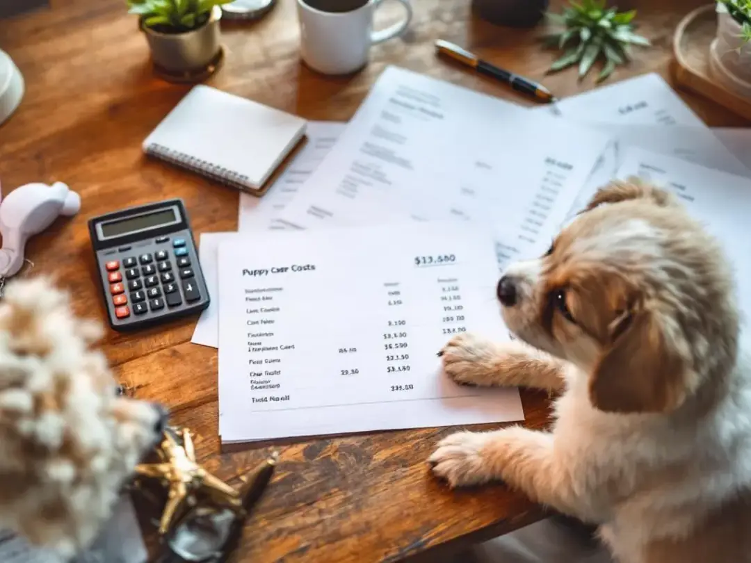 A calculator, pen, and financial documents are spread across a desk next to a detailed breakdown of puppy care costs...