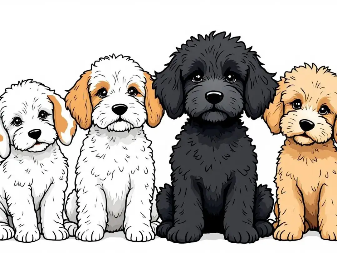 In the image, various doodle breed puppies are showcased, displaying a range of coat types and colors, including curly...