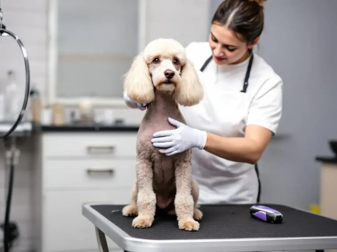 A professional groomer carefully trims the curly coat of a Standard Poodle, emphasizing the dog's hypoallergenic traits...