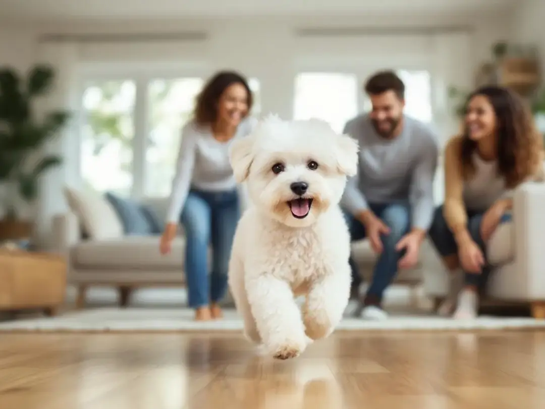 In a clean, allergen-managed living room, a family joyfully plays with a fluffy Bichon Frise, a small hypoallergenic...