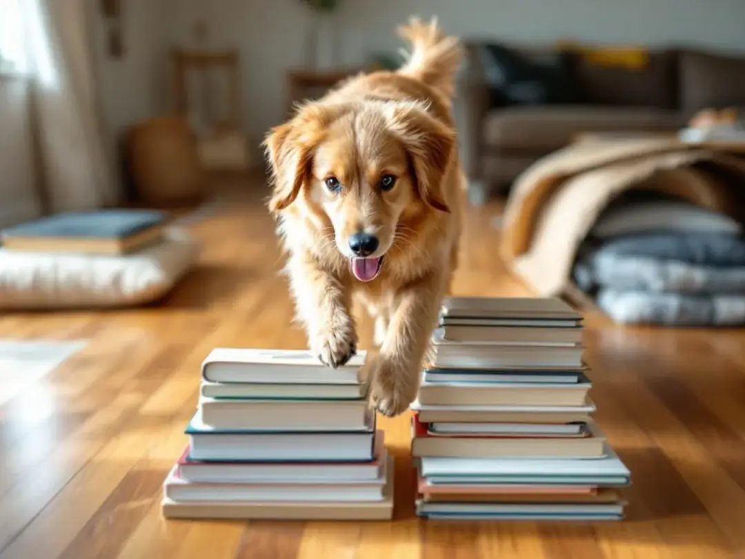 A dog is navigating through a homemade indoor obstacle course made of pillows and household items, showcasing its...