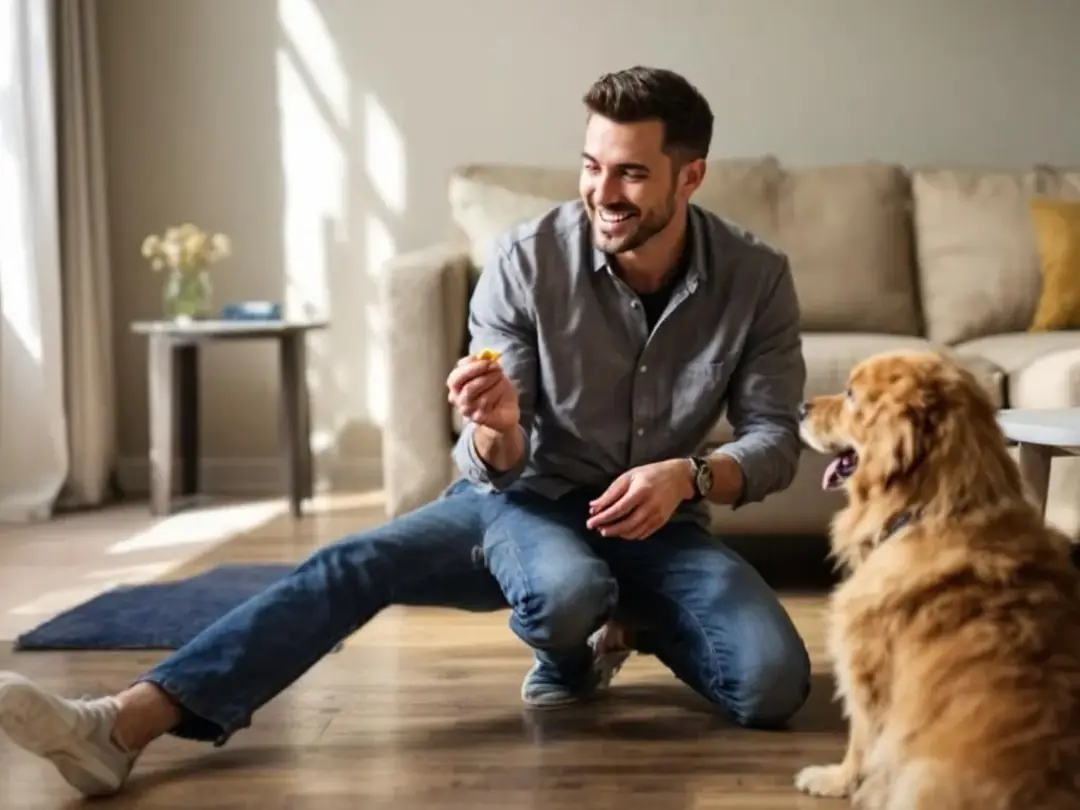 A dog owner is in a cozy living room, teaching their canine companion a new trick using treats and positive...
