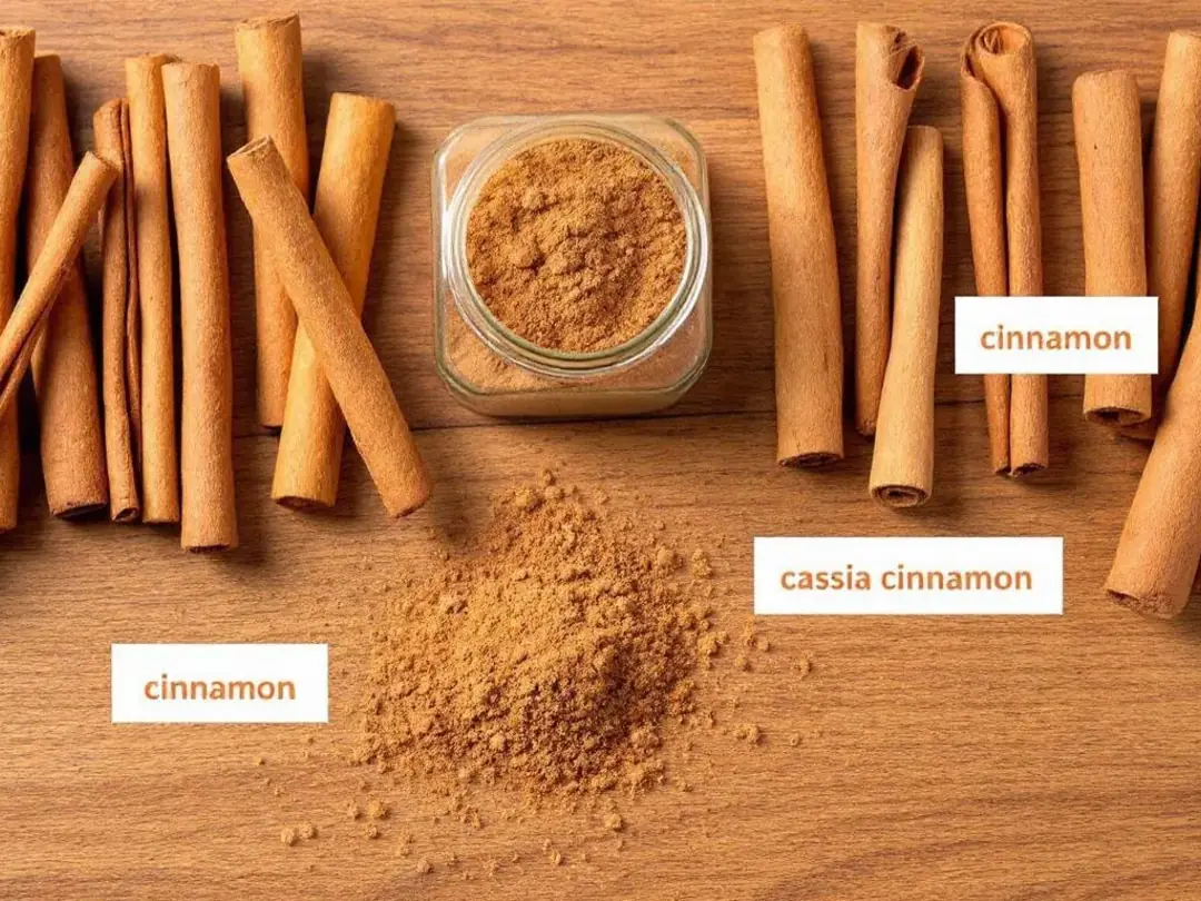 The image displays various types of cinnamon on a wooden surface, including cinnamon sticks, ground cinnamon, and the...