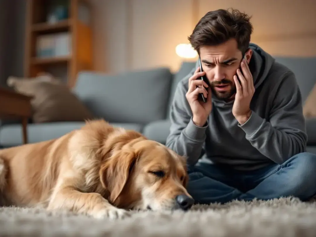 A concerned dog owner is speaking on the phone with a veterinarian while their dog rests peacefully nearby...