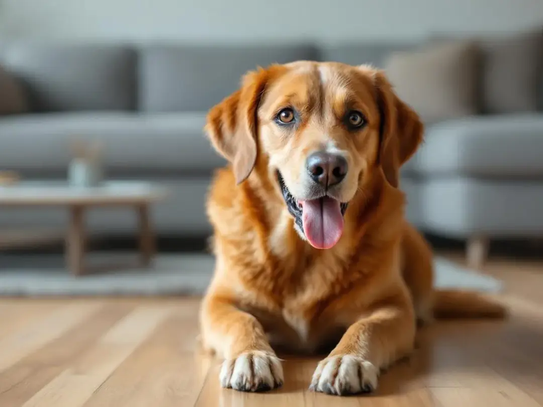 A dog is sitting with a worried expression, its body language indicating discomfort, likely due to digestive upset...