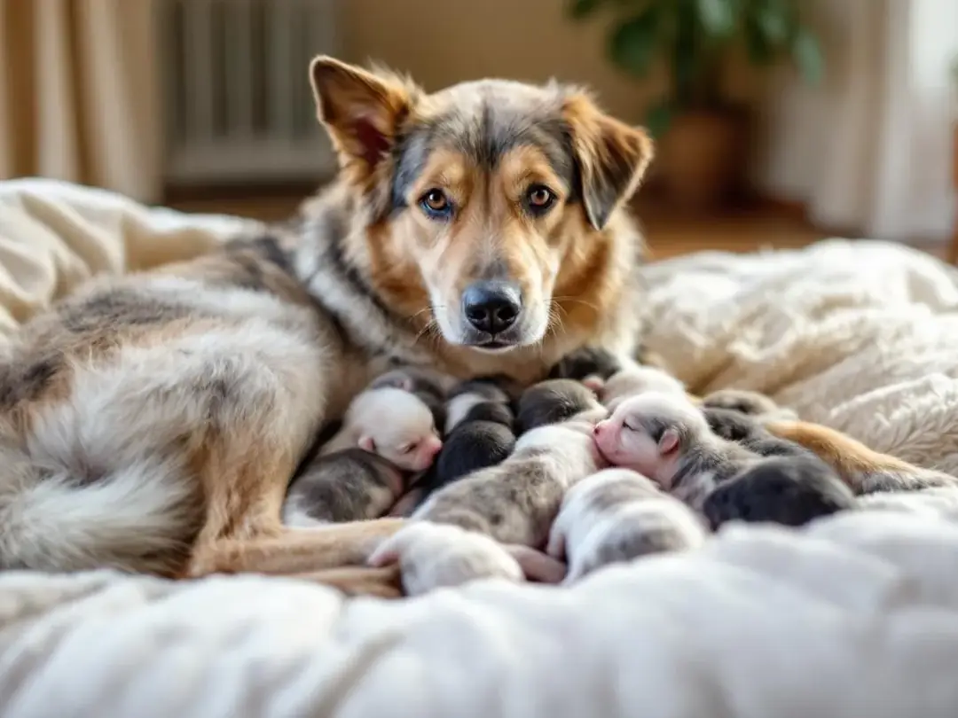 A mother dog is gently nursing her adorable puppies, providing them with essential mother's milk. This nurturing moment...