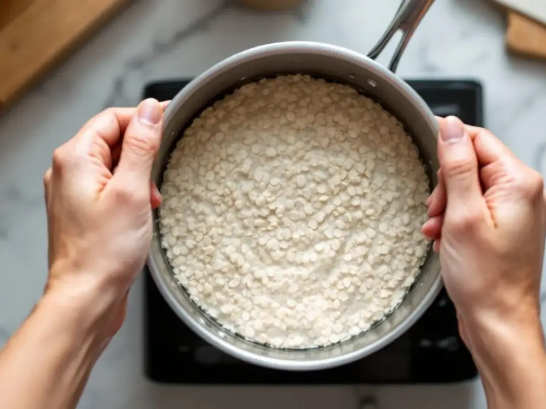 In the image, hands are seen preparing plain oatmeal in a pot with water, showcasing the process of cooking oats that...