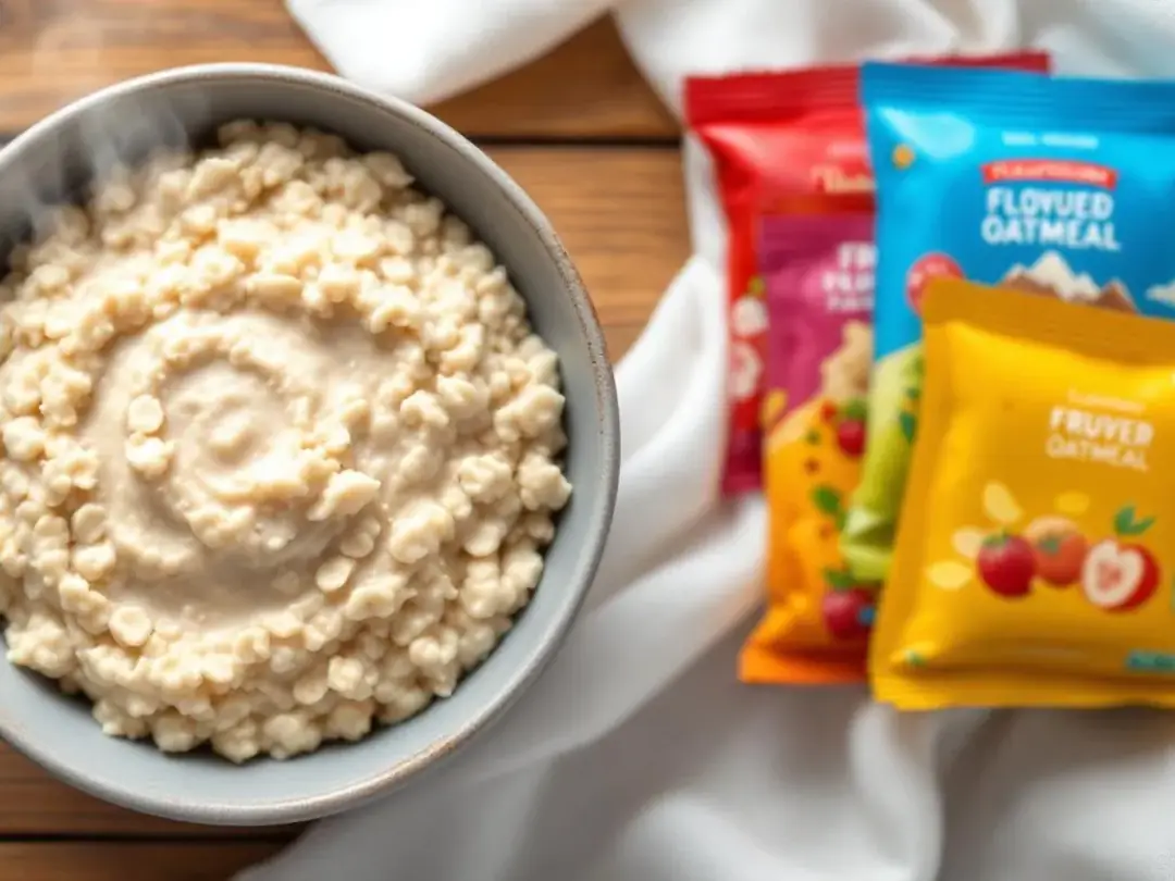 In the image, plain cooked oatmeal is displayed alongside a variety of colorful flavored instant oatmeal packets...
