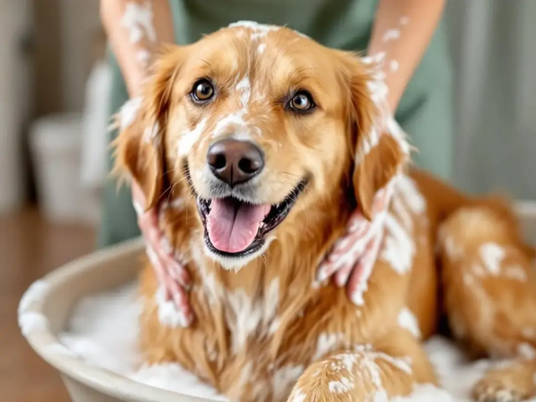 A happy golden retriever is enjoying an oatmeal bath, with gentle hands applying the treatment to its fur, promoting...