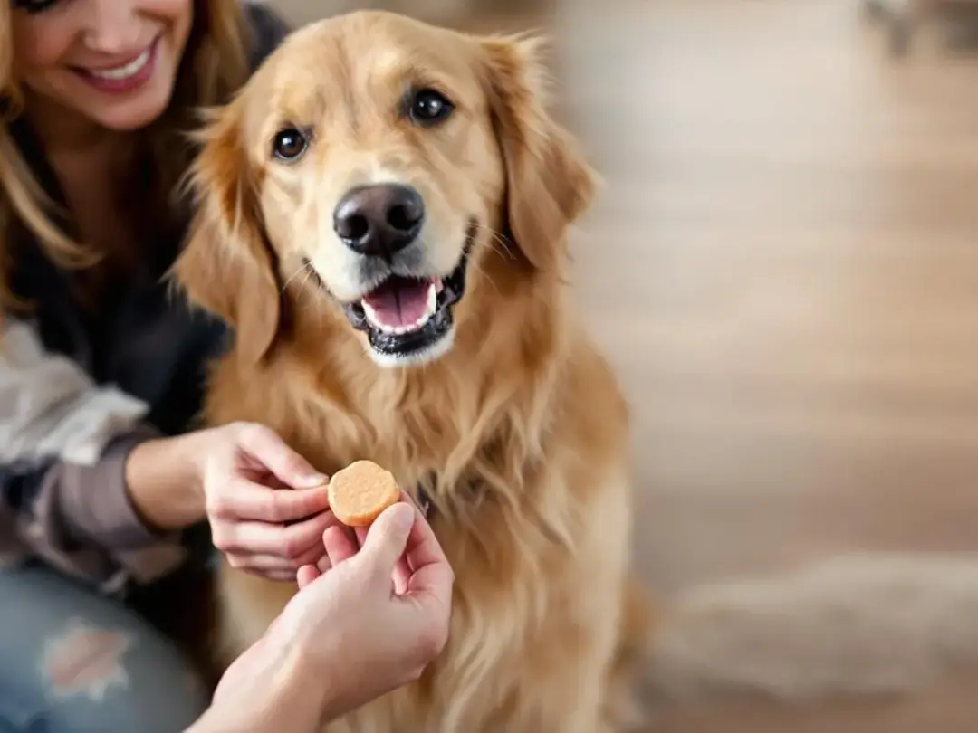 A dog eagerly receives a joint supplement chew treat from its owner, promoting joint health and supporting joint...