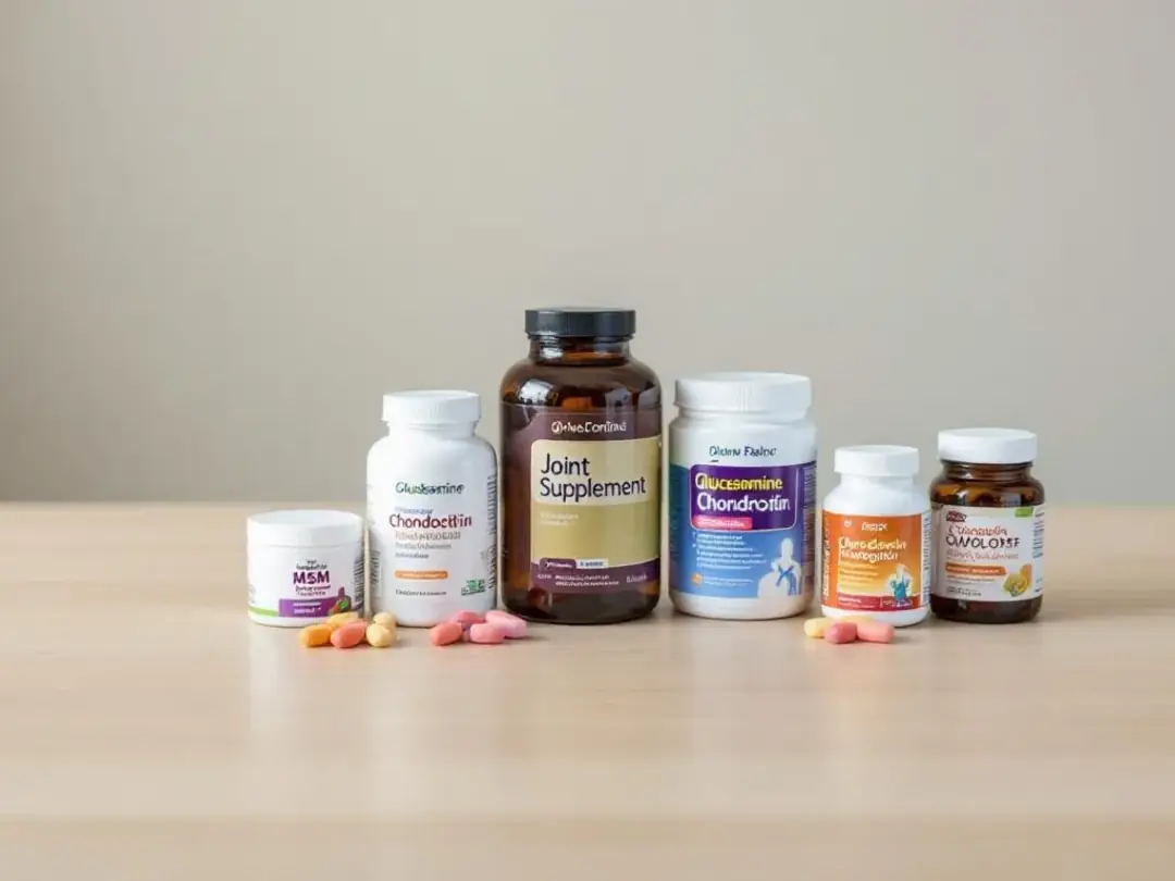A variety of joint supplement bottles and chews are neatly arranged on a table, showcasing options for supporting joint...