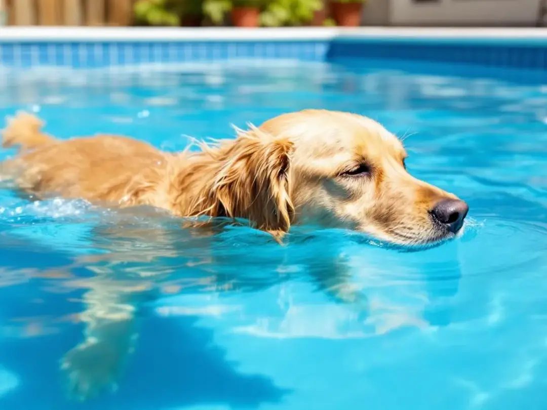A dog is joyfully swimming in a pool, engaging in low-impact exercise that supports joint health and promotes mobility...