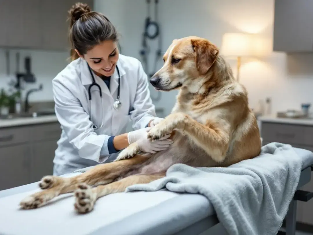A veterinarian is examining a dog's joints during a routine check-up, focusing on the dog's joint health and mobility...