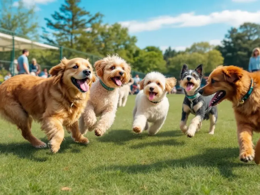 In a lively dog park, multiple dogs are joyfully playing together, interacting with each other while their owners...