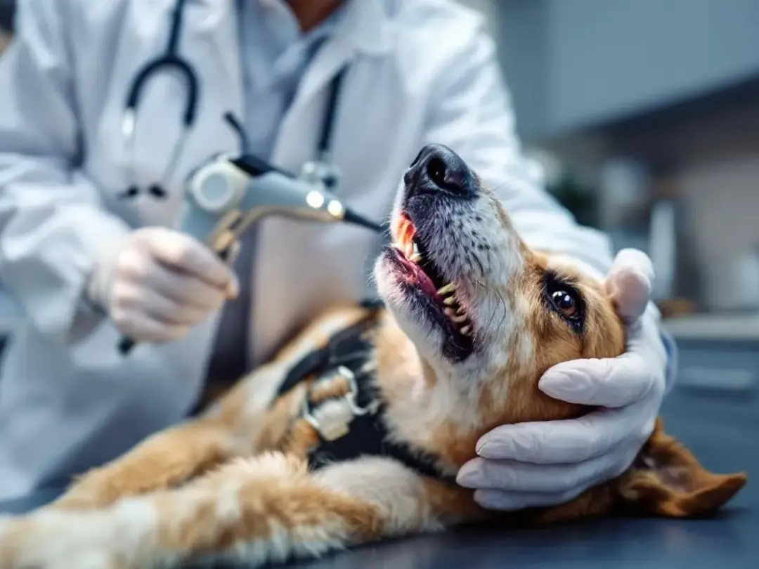 A veterinarian is examining a dog's throat during a clinical examination, checking for signs of kennel cough or other...