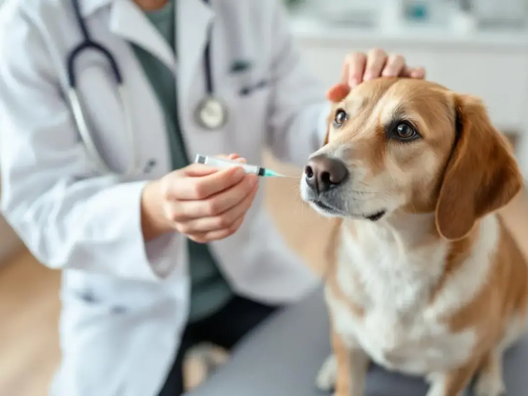 A veterinarian is gently administering an intranasal vaccine to a calm dog, aimed at preventing kennel cough and other...