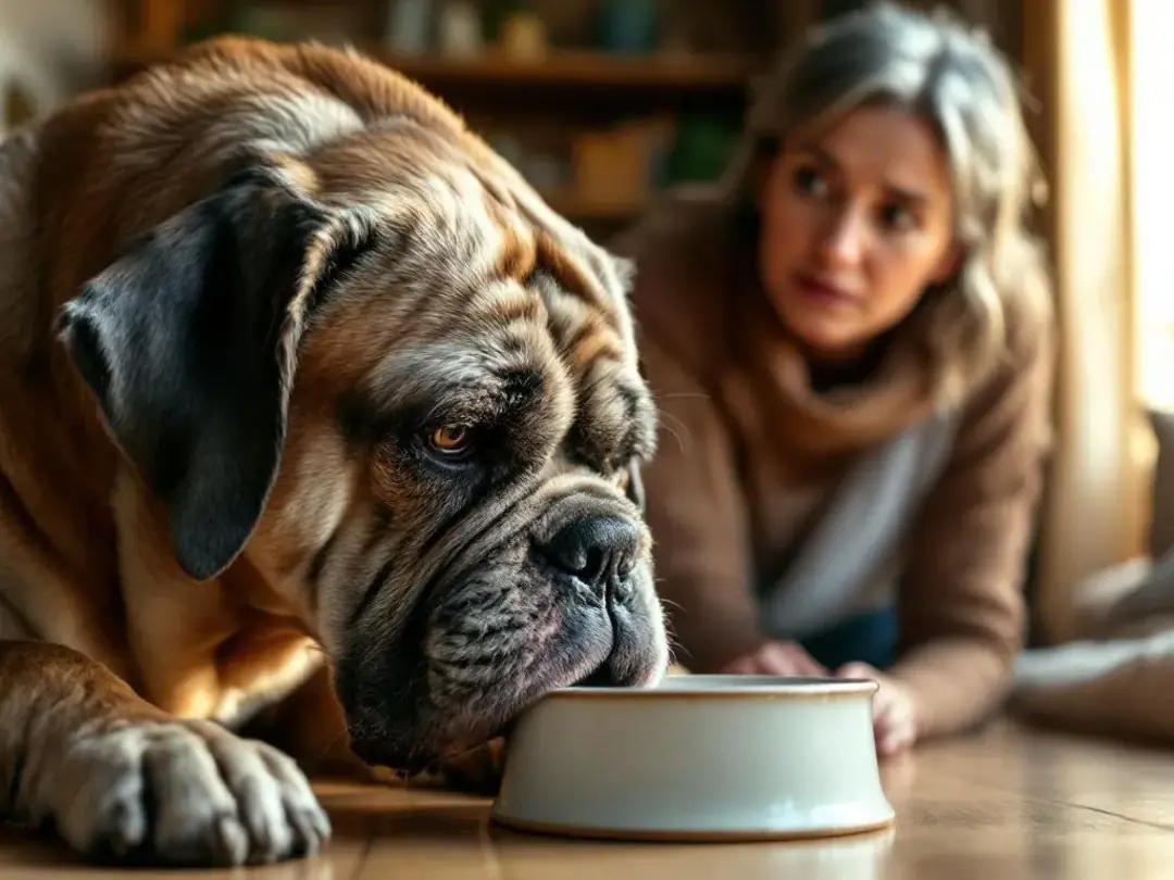 A senior dog is seen drinking from a water bowl, while its concerned owner watches closely, reflecting the potential...