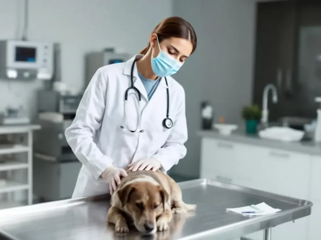 A veterinarian is conducting a routine health check on a dog, examining its body and taking notes to assess its kidney...