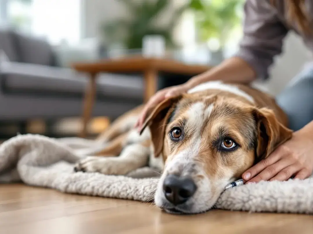 A dog is receiving subcutaneous fluid therapy at home, assisted by its owner, to help manage chronic kidney disease...