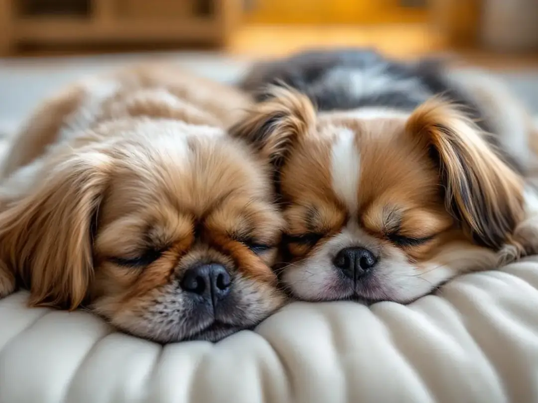 A Pekingese and a Japanese Chin, both small dog breeds known for their affectionate nature, are peacefully resting...