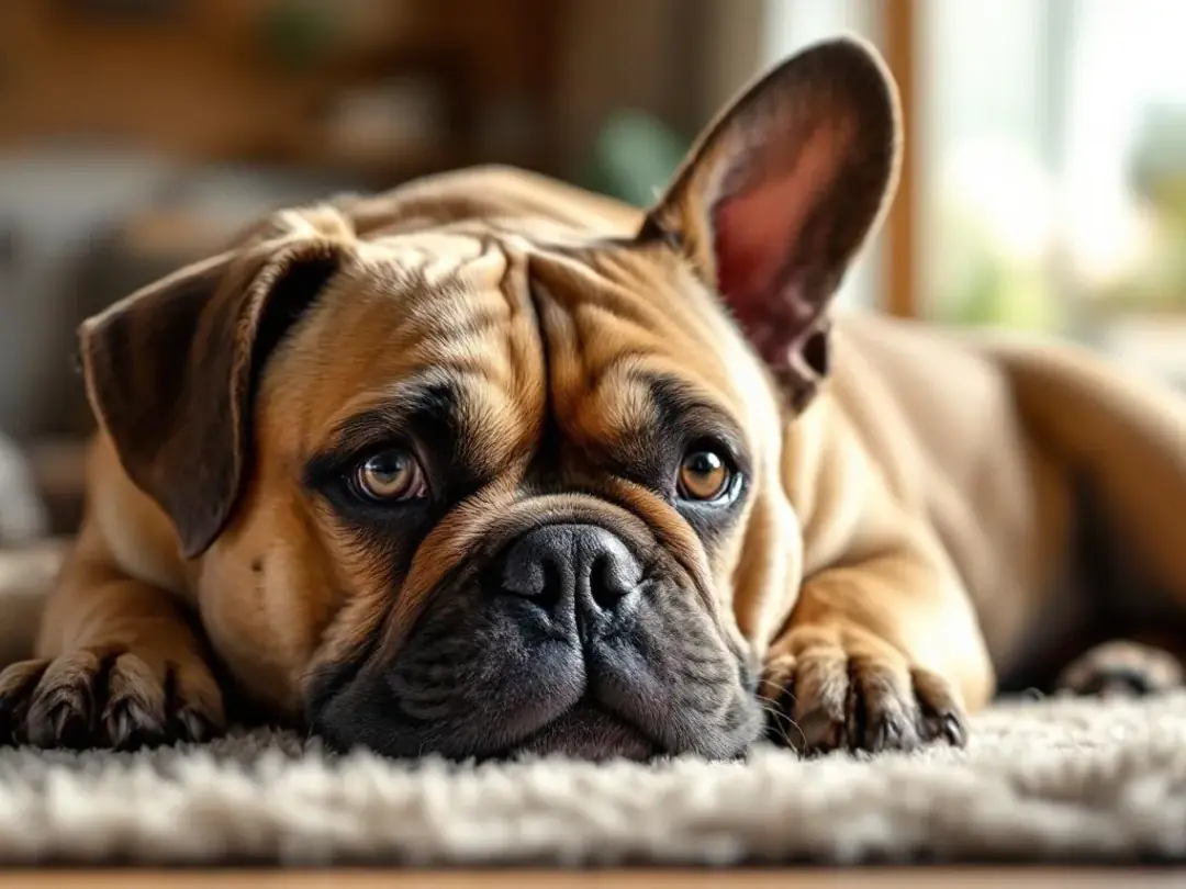 A French Bulldog is lounging comfortably indoors, showcasing its droopy ears and calm demeanor, typical of lazy dog...