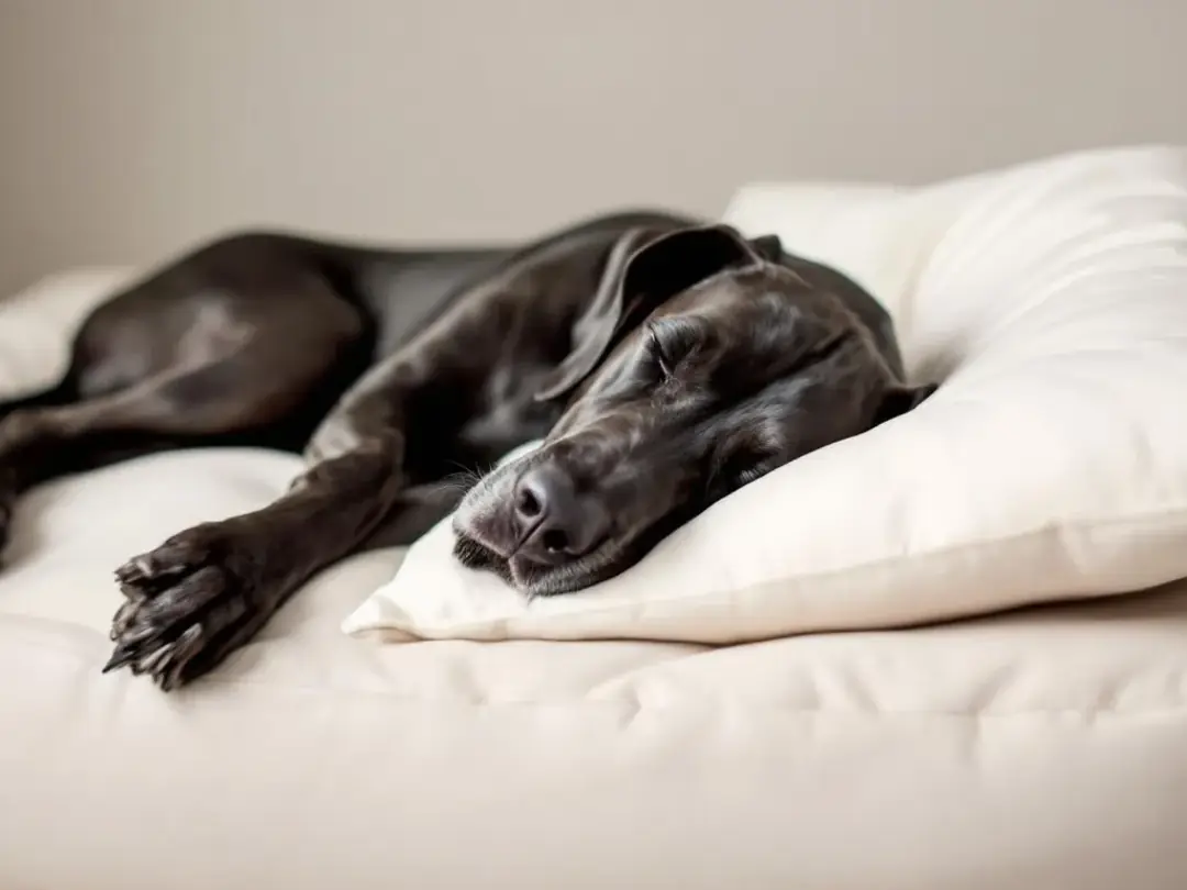 A Great Dane, known as a gentle giant and a low energy dog breed, is sleeping peacefully on an oversized dog bed...