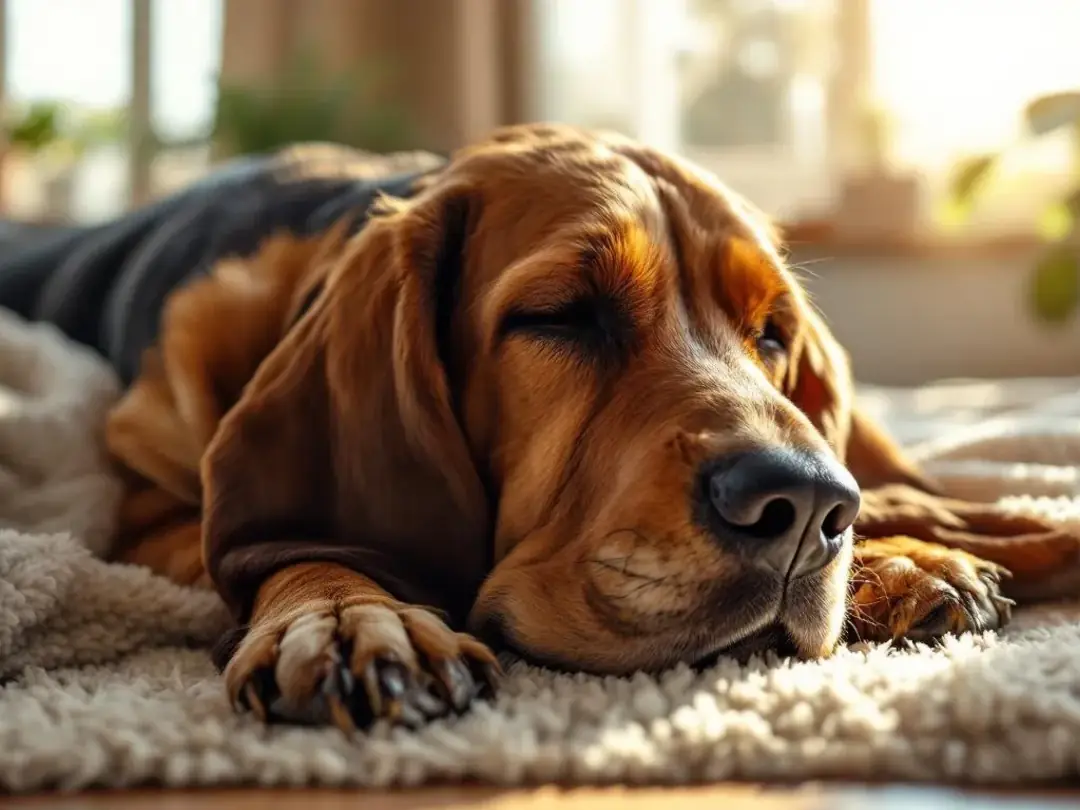 A senior Basset Hound, known for its affectionate nature and low energy, is peacefully resting by a window, showcasing...