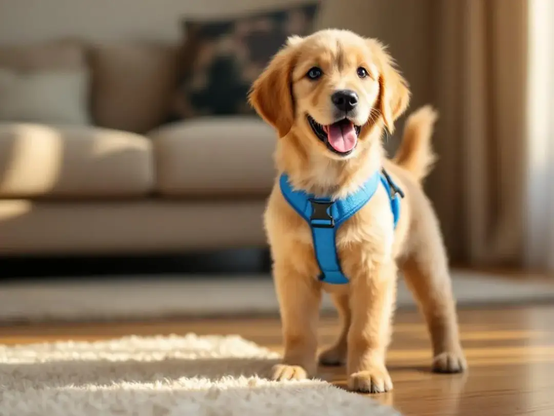 A happy puppy is indoors, wearing a properly fitted harness that aids in leash training. The pup appears excited and...