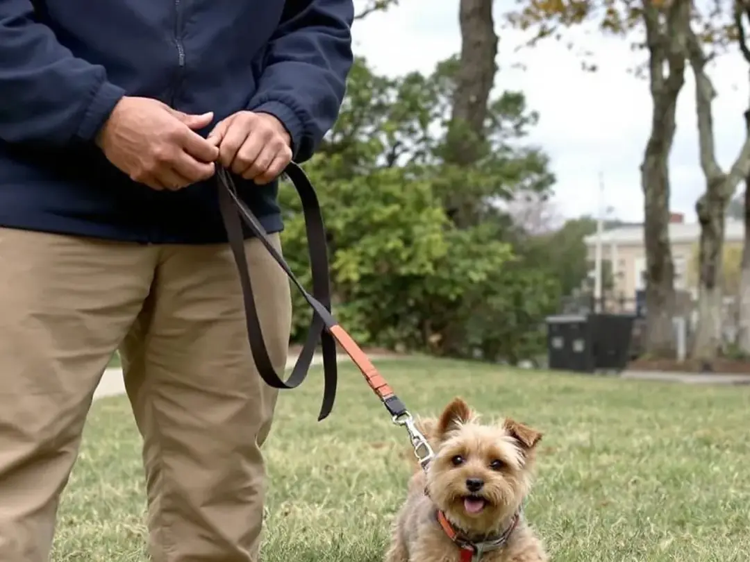 A professional trainer is demonstrating proper leash handling techniques with a young puppy during a training session...