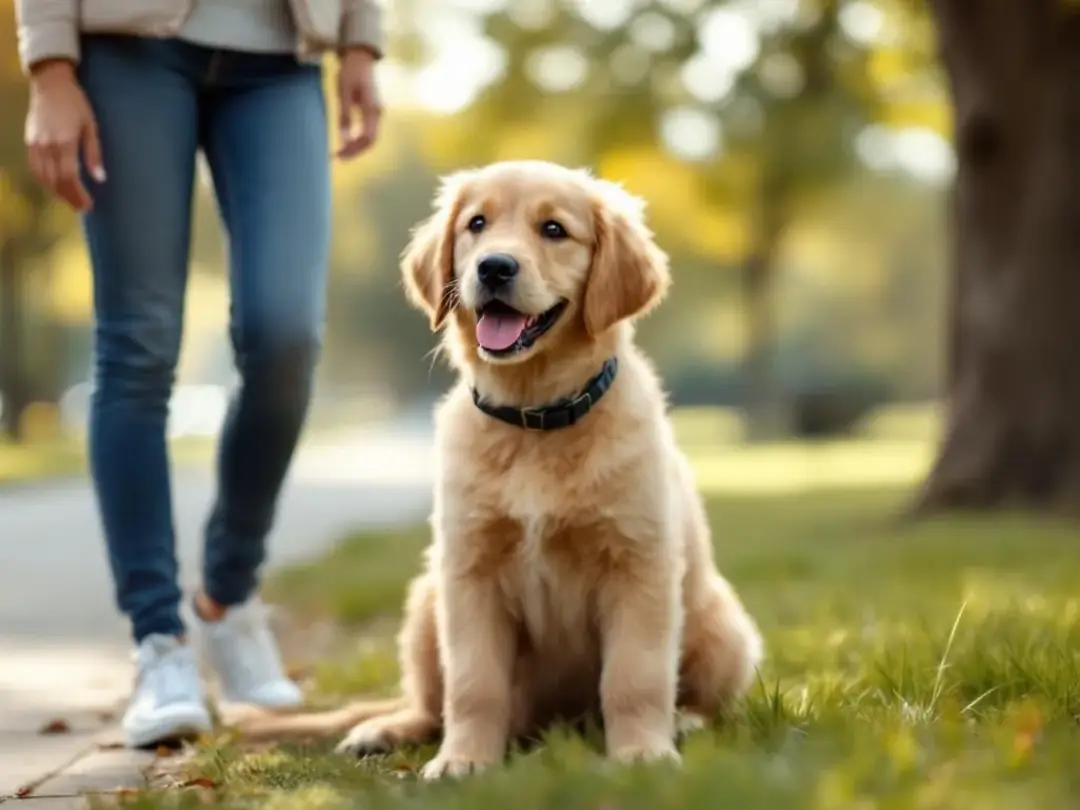 A well-trained puppy sits calmly beside their owner during a walk break, showcasing good behavior while on a short...