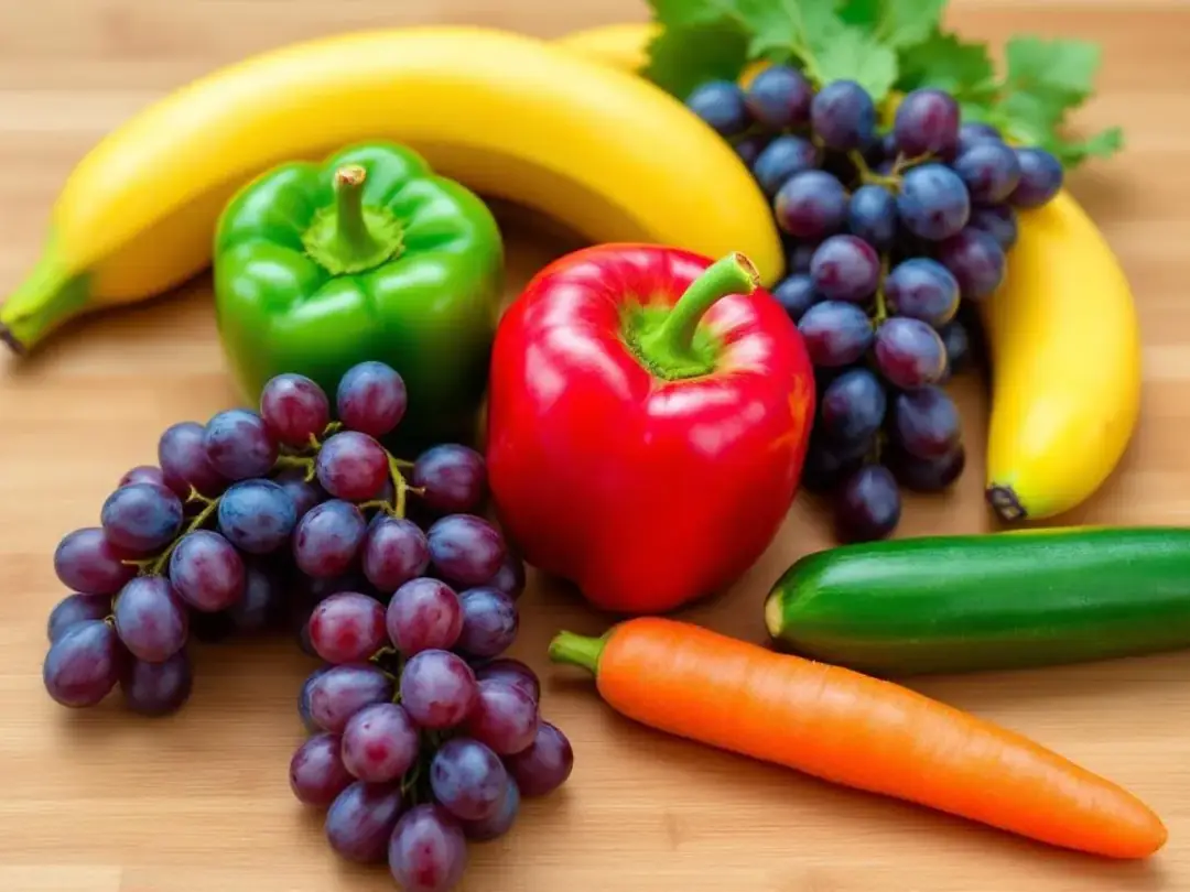 A colorful assortment of dog-safe fruits and vegetables, including blueberries, watermelon, and pumpkin, is beautifully...