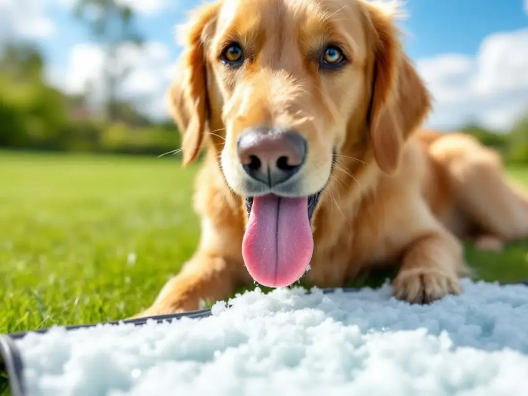 A happy dog is outdoors on a sunny day, eagerly licking a frozen lick mat filled with wet dog food and healthy treats...