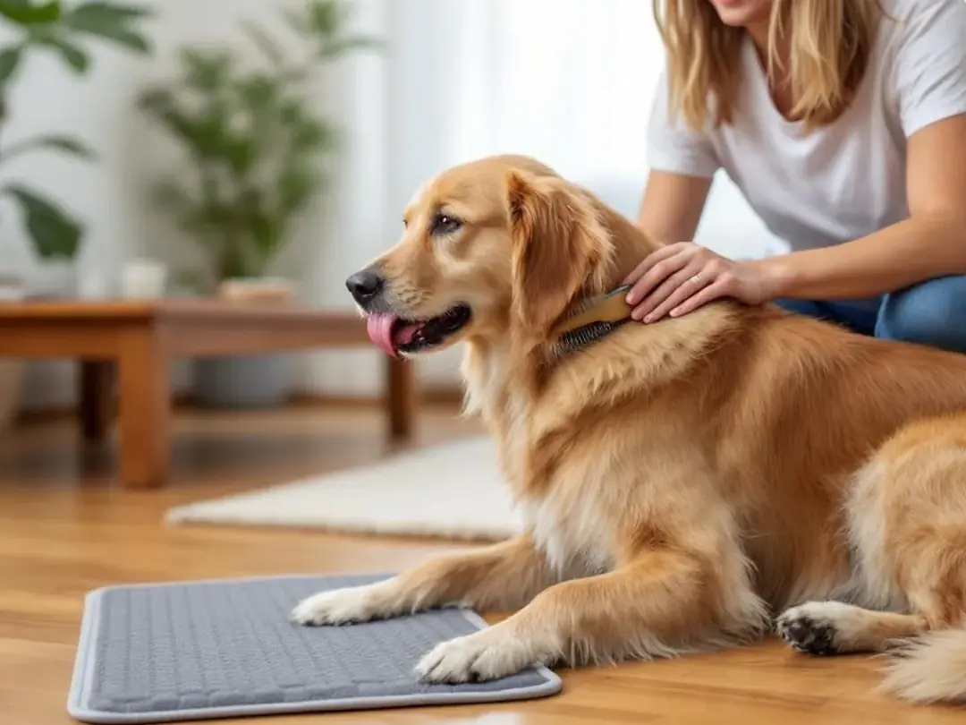 A calm dog is enjoying a lick mat while being brushed by its owner, showcasing a moment of relaxation and mental...