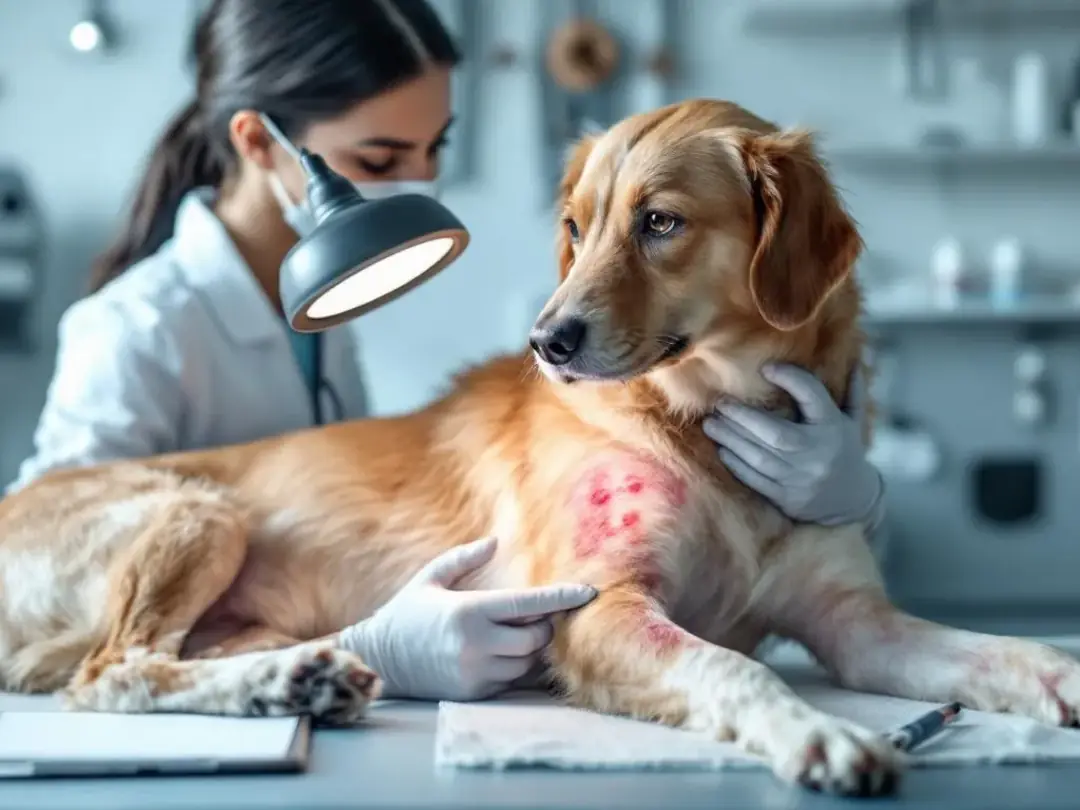 A veterinarian is carefully examining a dog's front leg for signs of licking granuloma, a skin condition characterized...