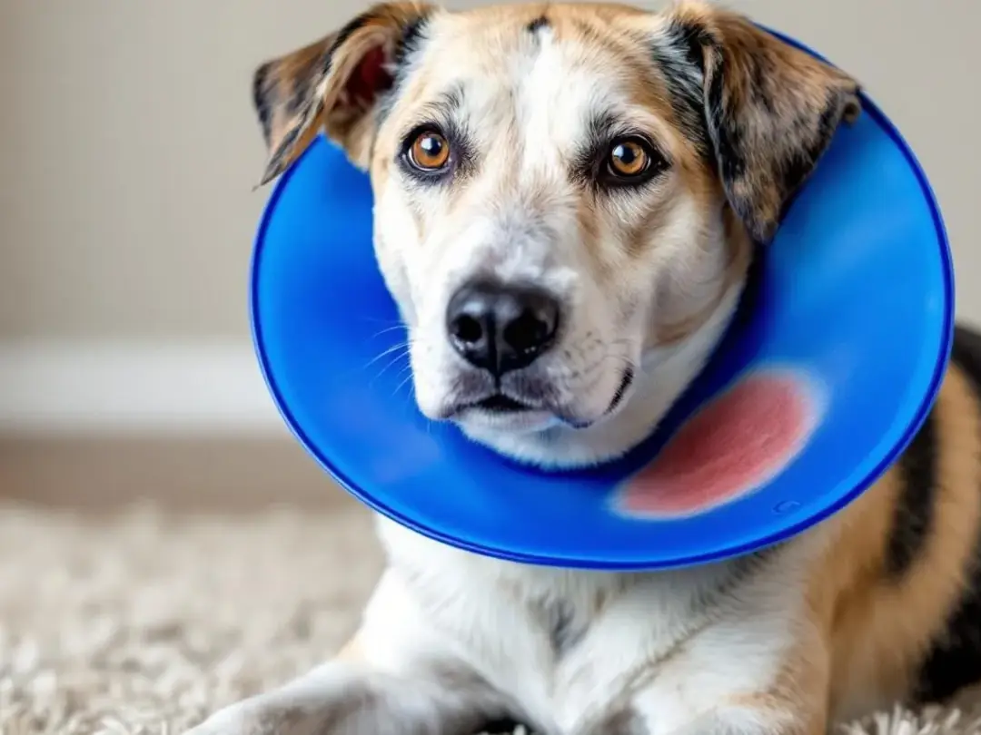 A large breed dog is wearing an E-collar while recovering from treatment for a lick granuloma, which is a skin...