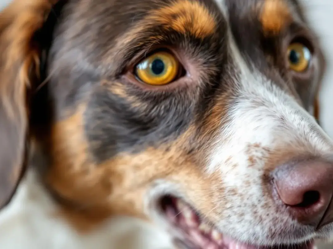 A close-up of a dog's face reveals yellowing in the eyes and gums, indicating jaundice, which can be a sign of liver...