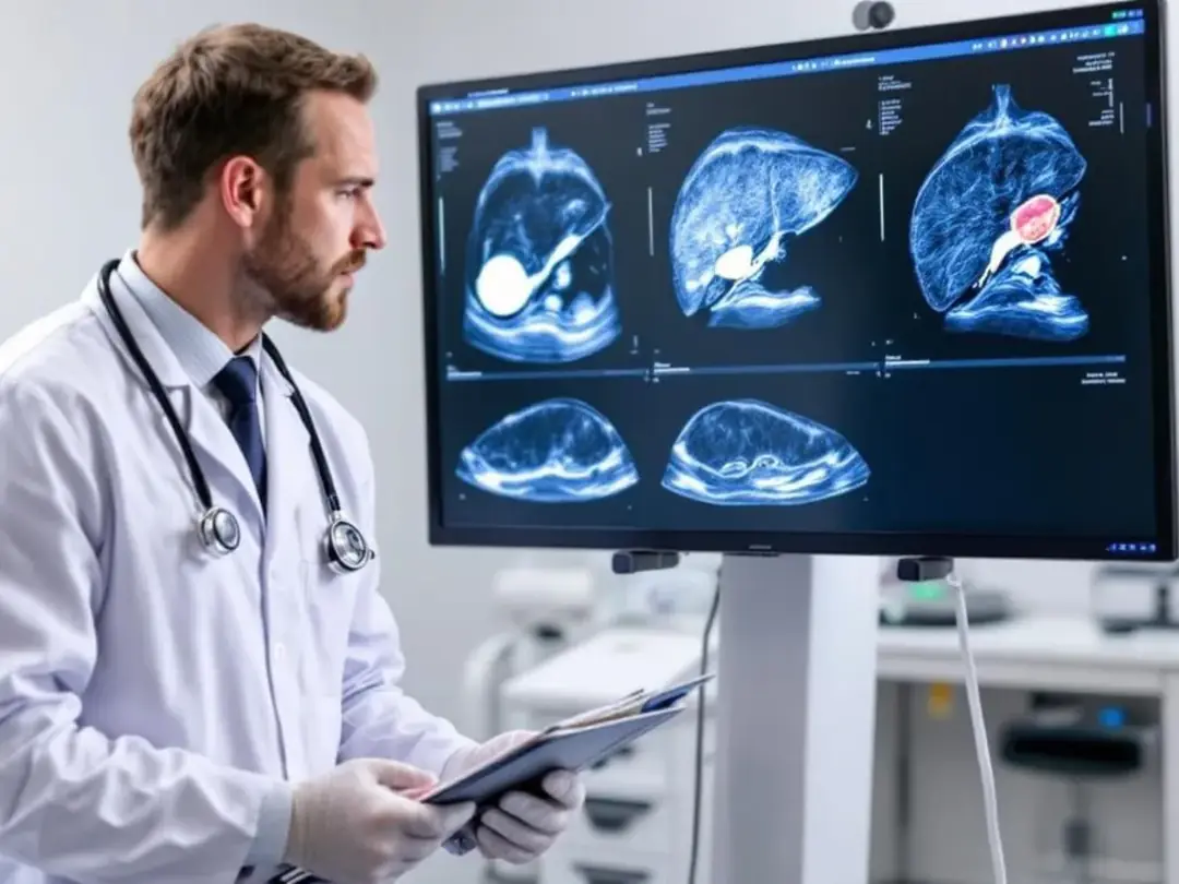 A veterinarian is intently examining abdominal ultrasound images that display the liver structure of a dog, focusing on...