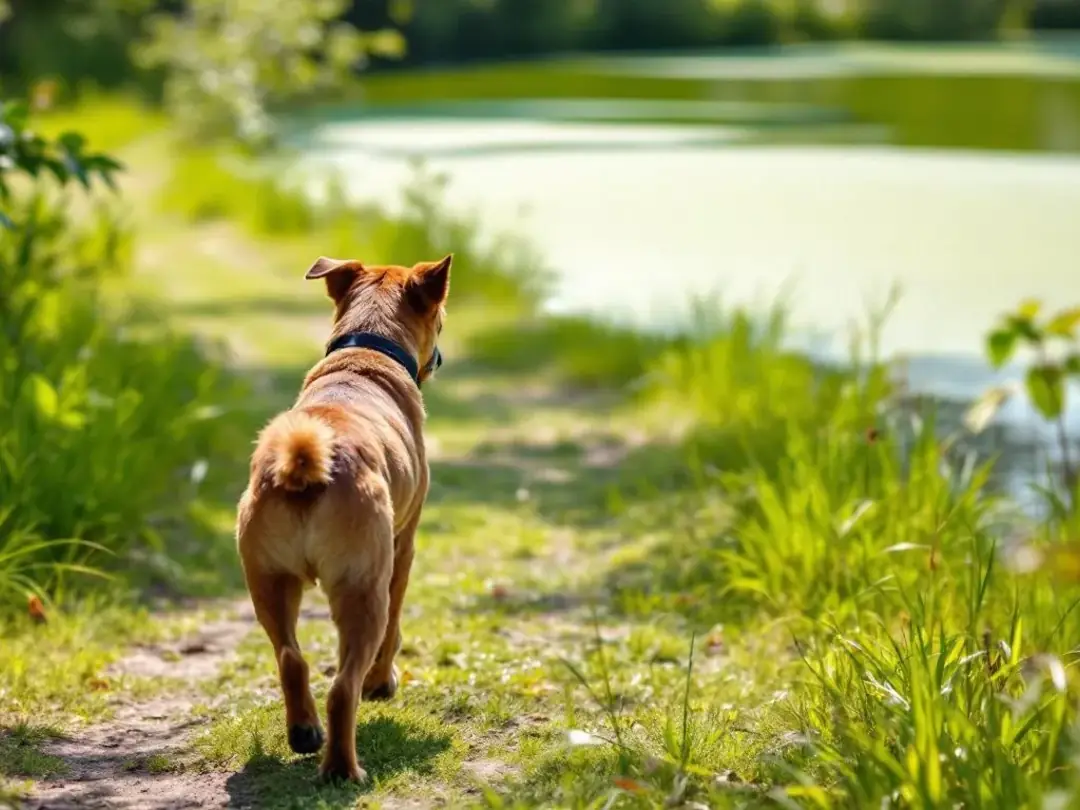 A dog is seen walking safely away from a pond contaminated with blue-green algae, which can cause severe liver disease...