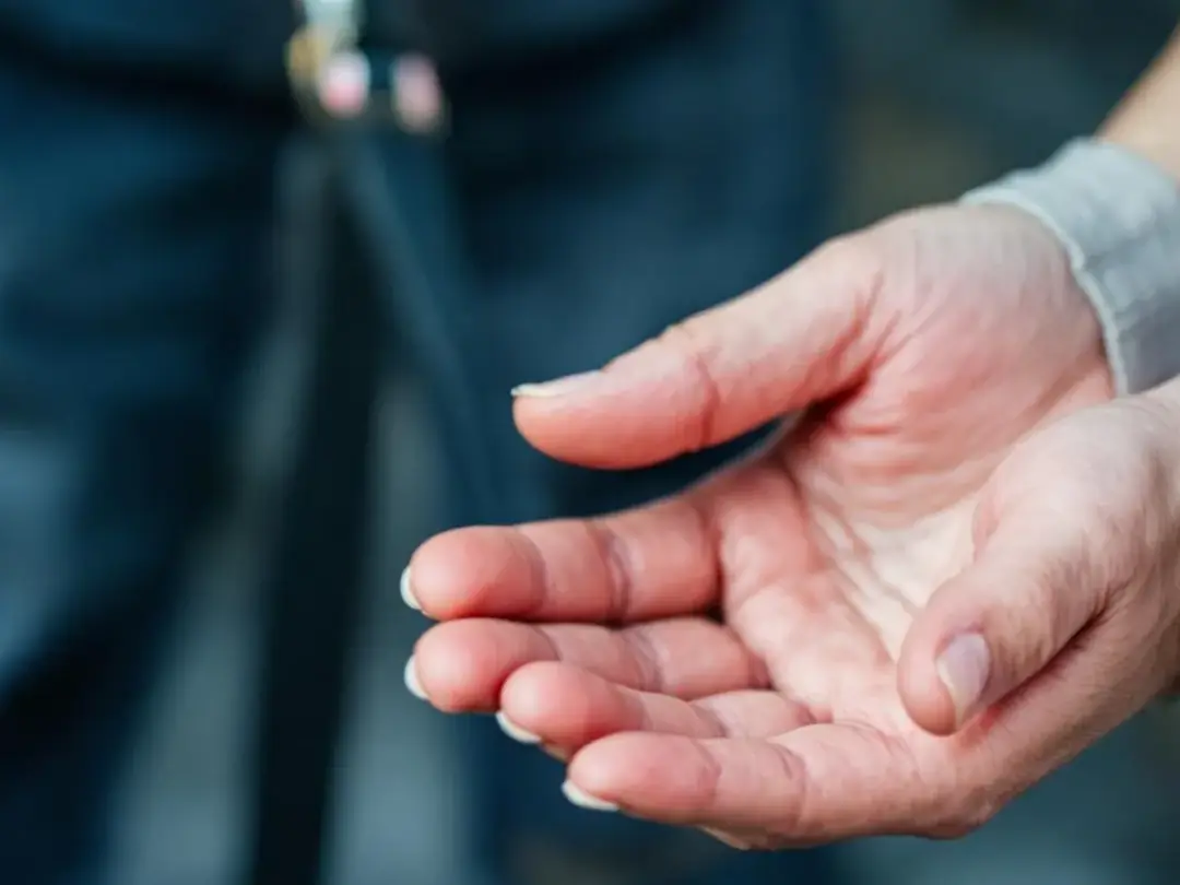 The image shows a close-up of hands demonstrating the proper two-handed leash holding technique, emphasizing the...